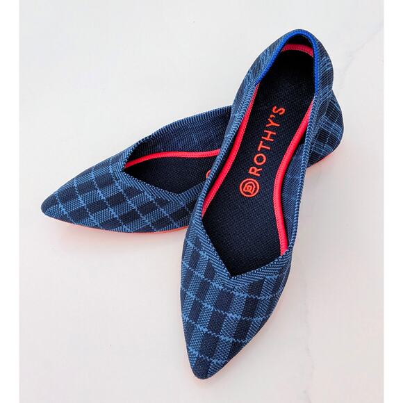 Rothy’s The Point Flats Women’s Size 9.5 Indigo Gingham Sustainable Shoes - Picture 2 of 8